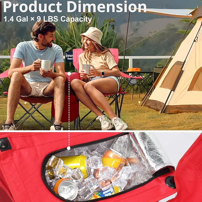 Outvita Folding Double Camping Chair w/Umbrella Beverage Holder Carrying Bag Cooler Fold Up Table, Large Bearing Capacity for Beach Patio Pool Park Outdoor Red