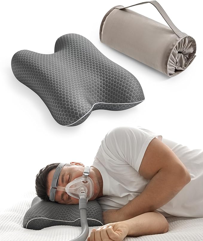 Elviros Portable CPAP Pillow for Side & Back Sleepers, Travel Sleep Apnea Pillow with Adjustable Height to Relieve Neck Pain, Reduce Mask Leaks & Pressure, Includes Travel Bag for Camping, Hotels