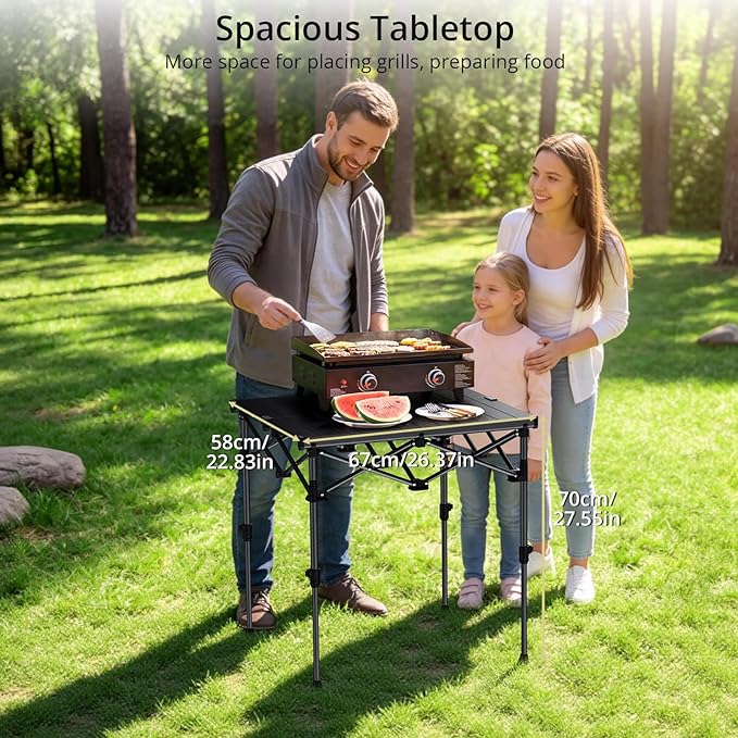 Anbte Camping Table Foldable, 2 Height Max 27.5" Aluminum Roll up Camping Table with Carry Bag & Heat-Resistant Tabletop, Lightweight, for Indoor Outdoor RV BBQ Picnic Patio Beach, 26" x 23", Black