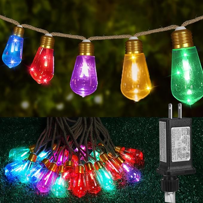 (New) Outdoor String Lights, LED Patio Lights, 24FT Waterproof Shatterproof Fairy Lights, 8 Modes Colorful Hemp Rope String Lights for Garden, Yard, Party, Christmas Decor