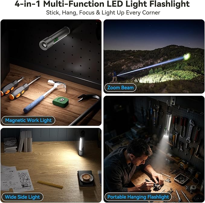 High Lumens Flashlight Rechargeable-Magnetic,Hanging,Zoom Beam,Side Light Multi-Function LED Flashlights Super Bright Powerful Waterproof Flash light for Camping,Emergency,Hiking,Dog Walking,Home