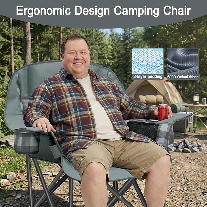 Youtanic Padded Camping Chairs for Adults, Heavy Duty 400 lbs Foldable Lawn Chair, Oversized Ergonomic Outdoor Seat with Classic Plaid Design, Cup Holders & Storage Pockets for Fishing, Sports, Gray