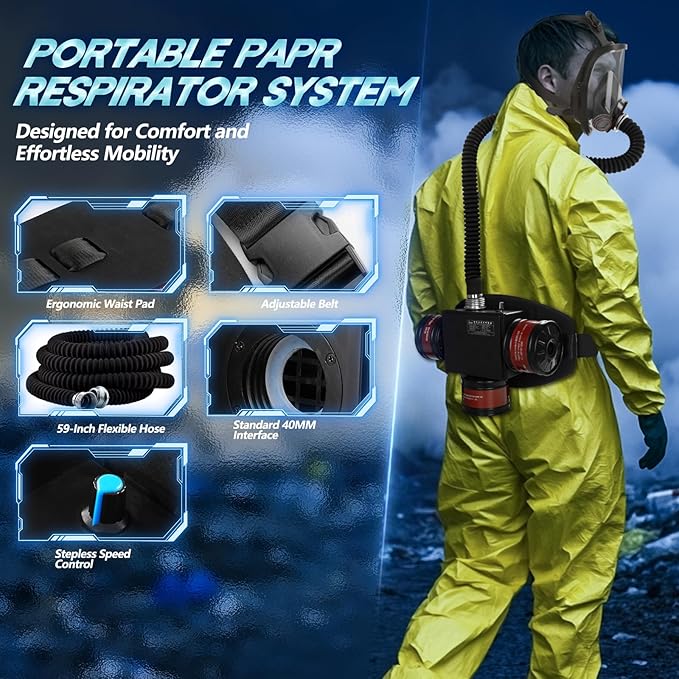 HANUU High-Efficiency PAPR Respirator System: Powered Air Purifying Respirators with 3Pcs 40mm Gas Mask Filters Portable Supplied Air Respirator for Welding Spray Painting Chemical Large Air Volume