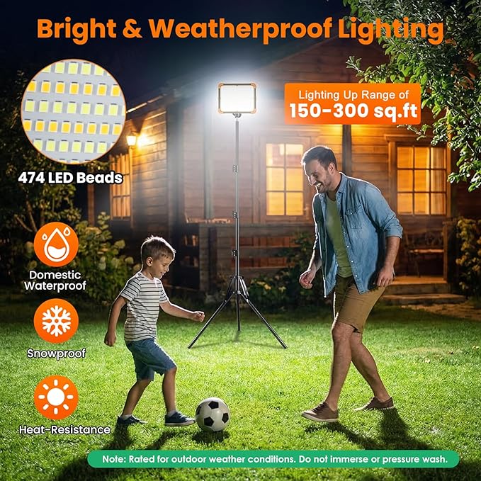 Rechargeable Camping Light with Tripod Stand, 12000mAh Solar Work Light Portable, Cordless LED Job Light 12000LM with 5 Mode, Waterproof Camping Essentials Gear Car Repair Emergency Lighting with Hook