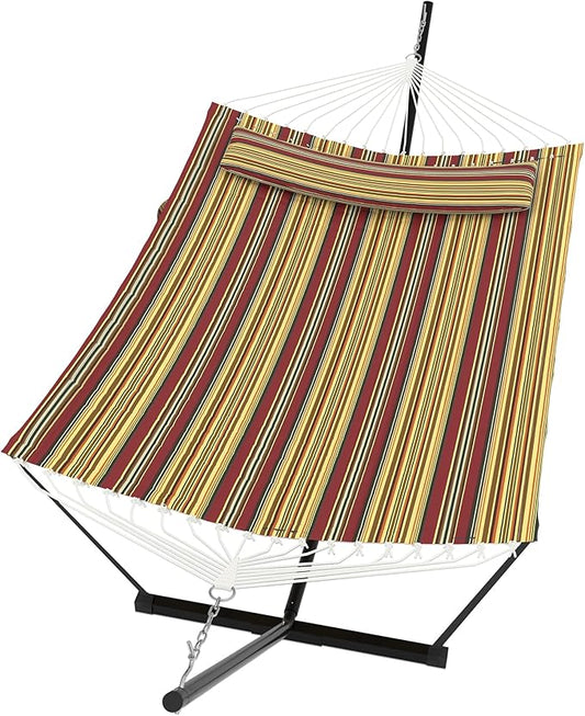 2 Person Double Hammock with Stand & Pillow, 450 LBS Heavy Duty Outdoor Hammock with Balance Rope for Patio Backyard Poolside