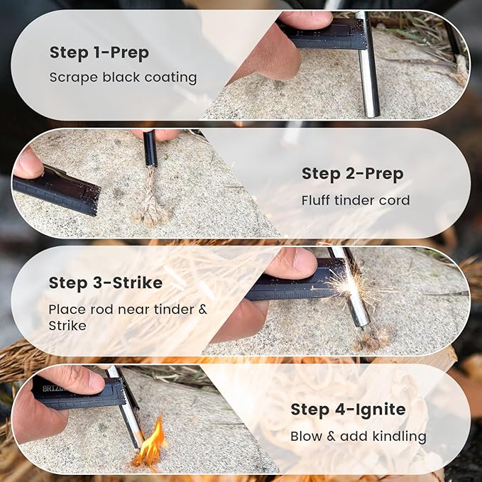 Waterproof Ferro Rod Fire Starter 6x1/2 in & 4x3/8 in, 15,000+ Strikes Flint Fire Steel with Paracord Multi-Tool Striker & Extra Waxed Tinder Cord for Camping, Hiking, Survival & Emergency