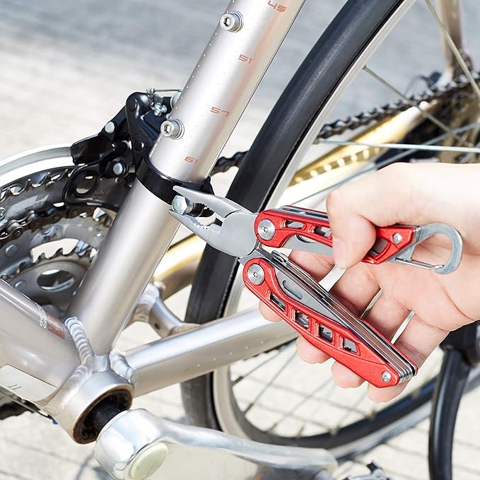 Amazon Basics 8-in-1 Stainless Steel Multitool with Safety Lock and Nylon Sheath, Red
