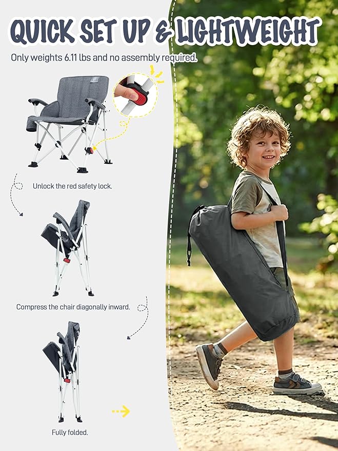EVER ADVANCED Kids Camping Chairs with Cup Holder, Padded Folding Camping Chair Outdoor with Safety Lock, Carry Bag, Lightweight Portable Camp Chairs for Beach, Balcony, Patio, Supports 150lbs, Grey