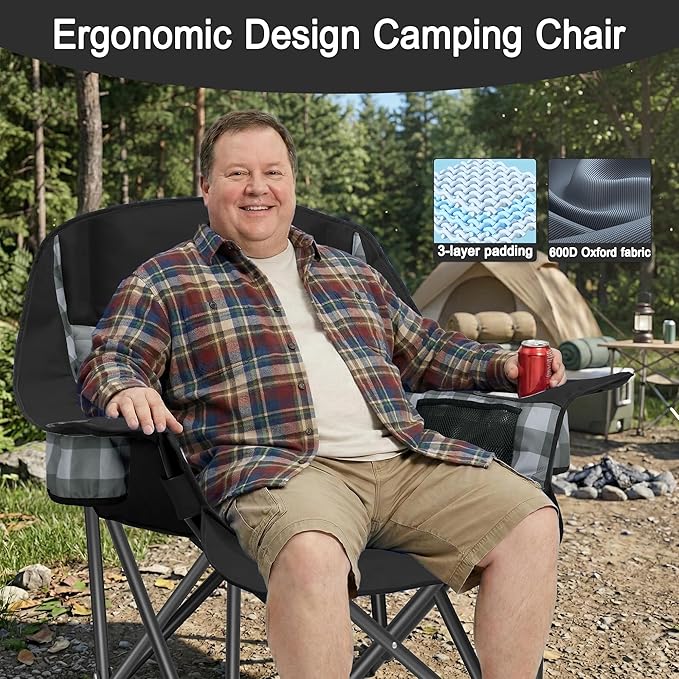 Youtanic Padded Camping Chairs for Adults, Heavy Duty 400 lbs Foldable Lawn Chair, Oversized Ergonomic Outdoor Seat with Classic Plaid Design, Cup Holders & Storage Pockets for Fishing, Sports, Black
