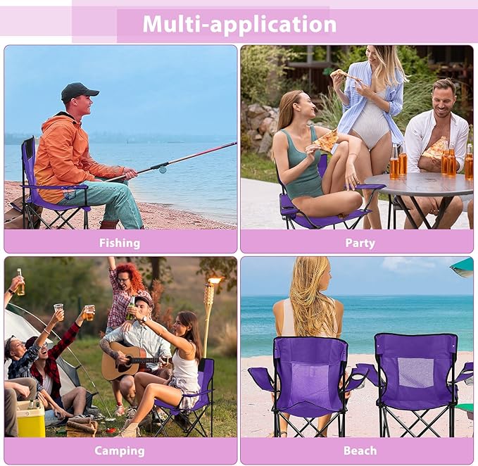 Shellwei 2 PCS Folding Camping Chair with Cupholder and Carry Bag Regular Size Colorful Breathable Portable Lightweight Lawn Chair with Side Pocket for Fishing Hiking Beach Outdoor Activity