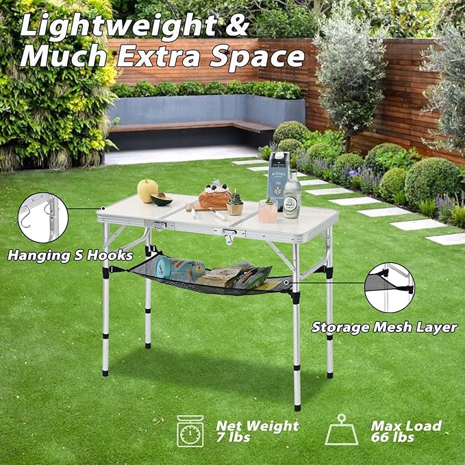 YihuiKo 3ft Aluminum Folding Picnic Table - Lightweight & Portable Outdoor Table with Adjustable Height, Storage Net for Camping, Backyard, RV Trips