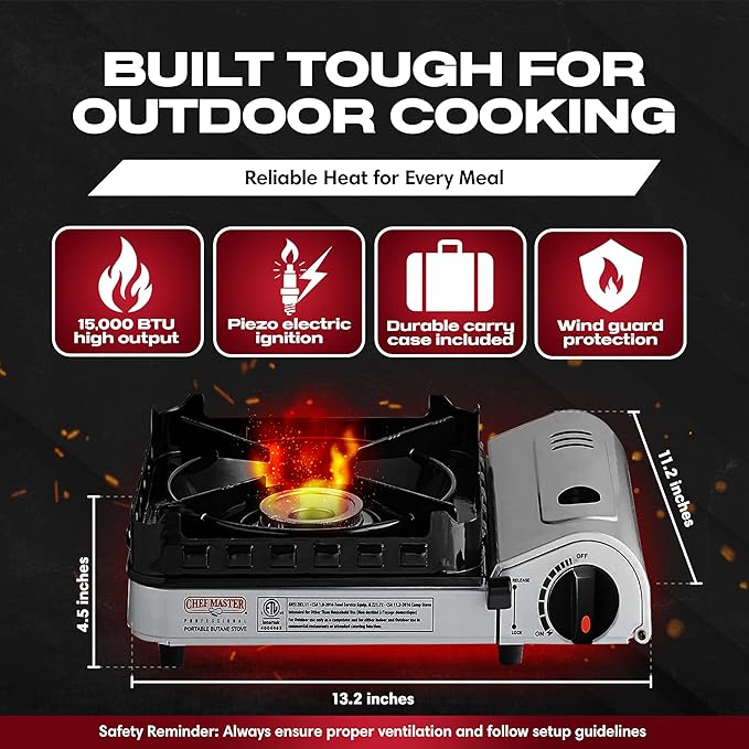 Chef Master 15,000 BTU Butane Portable Camp Stove + 4x 8oz Butane Canisters | Double Wind-Guard Portable Stove Burner w/Piezo Ignition for Emergencies, Tailgating, Hiking & Camping Essentials - 90019