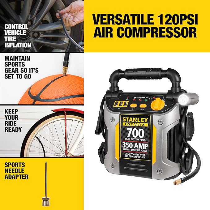 Stanley J7CS 700 Peak Amp Automotive Jump Starter, Portable Power – Triple 15W USB Ports, 120 PSI Air Compressor