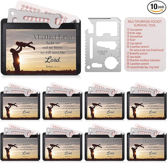10 Pcs Faithful Father 11 in 1 Stainless Steel Credit Card Multitool Father's Day Gifts Survival Wallet Tool Bible Verse Joshua 24: 15 Pocket Tool Set for Men Church Prizes Party Favor