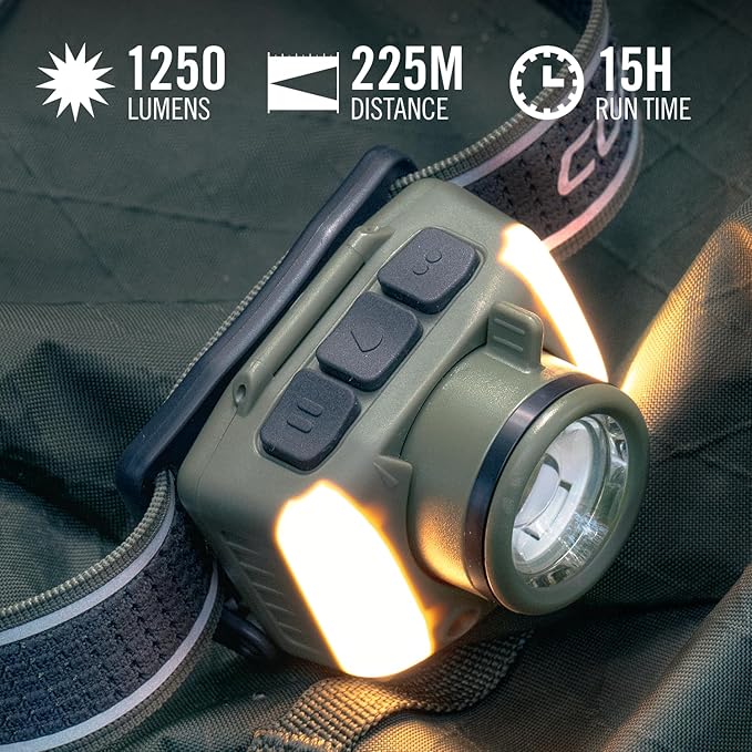 Coast FL97R Voice-Controlled 1200 Lumen Rechargeable LED Headlamp with Pure Beam® Spot & Flood, ARC Lighting, Red & Green Color Modes, Glide Focus™ Radial Arm Dial and USB-C Charge Port, Desert