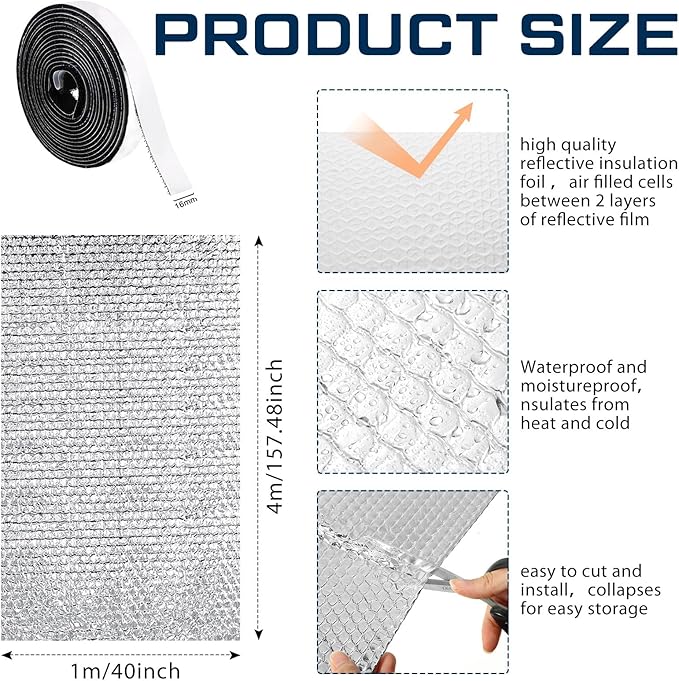 Frienda Rv Window Reflective Insulation Roll 47.2inch*20ft Double Aluminum Foil Heat Bubble Thermal Window Shade Door Cover Blackout for Garage Roof Travel Camper Skylight Shield