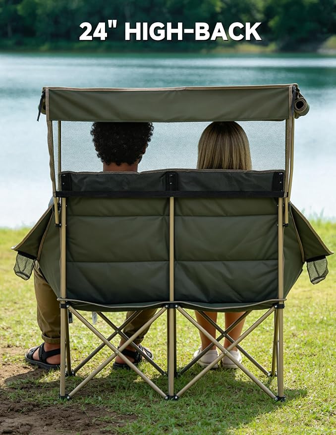 East Oak Padded Double Camping Chair with Canopy | 24" High Back Camping Couch for Adults with Full Sun Coverage, 14.7 lbs Lightweight, 660 lbs Heavy Duty Canopy Chair for Outdoors