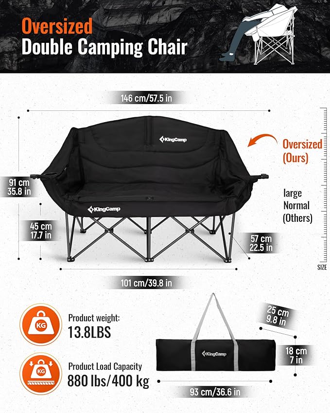 KingCamp Double Camping Chair, Oversized 880lbs Heavy Duty Loveseat for Adults Portable Folding XL 2 Person Couch Padded Comfortable Two Seat with Cup Holder for Outdoor Lawn Backyard, Black