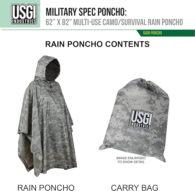 USGI Industries Military Style Poncho Multi Use Rip Stop Camouflage Rain Poncho