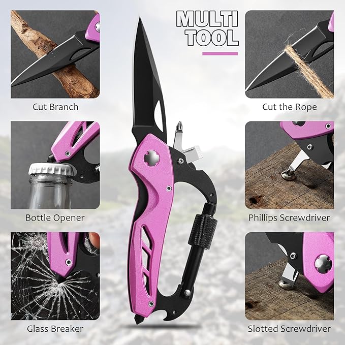 Pink Multitool Carabiner Knife for Women Men,Survival Gear for Camping Hiking，EDC Carabiners, 6-in-1 Multi Tools with Window Breaker, Bottle Opener and Screwdriver,Gifts for Women/Men (Pink)
