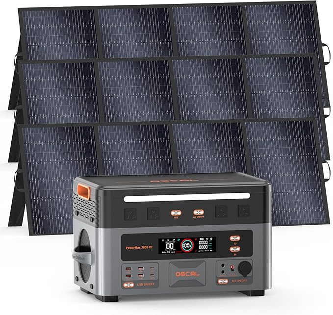 OSCAL 3600W Portable Power Station PowerMax 3600 PE with 3x400W Solar Panel, 2016Wh Solar Generator, 1500W AC Charging, LiFePO4 Battery Power Station for Home Use, Camping, RV, Emergency