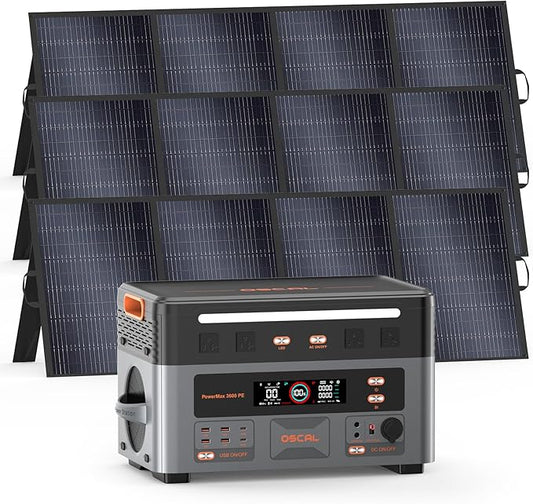 OSCAL 3600W Portable Power Station PowerMax 3600 PE with 3x400W Solar Panel, 2016Wh Solar Generator, 1500W AC Charging, LiFePO4 Battery Power Station for Home Use, Camping, RV, Emergency
