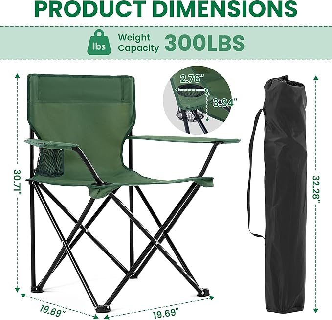 2 Pack Folding Camping Chairs for Adults, Foldable Portable Beach Chairs with Carry Bag & Cup Holder, Compact Design for Camping, Beach, Picnics, and Fishing Supports 300LBS（Dark Green）
