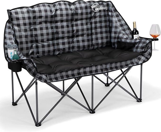 Bolosy Double Camping Chair Padded Loveseat Camping Couch Oversized 2 Person Camp Chairs for Adults Heavy Duty Two Person Folding Lawn Chair Camping Sofa with Cup Holders, Plaid