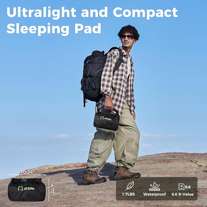 ATEPA ThermAir Pro Backpacking Inflatable Sleeping Pad, 6.6 R-Value Insulated Ultralight Portable Sleeping Pad Thick Camping Mat with Stuff Sack for Camping Backpacking Tent, Wide Long Size 78"x27"