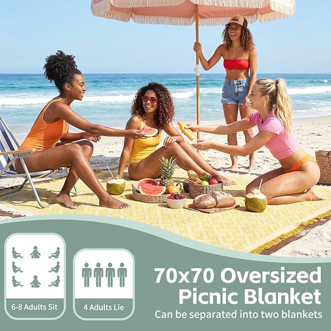 2 in 1 Extra Large Outdoor Picnic Blanket Camping Mat Lightweight Oversized Giant Turkish Boho Beach Mexican Serape Baja Cobijas Mexicanas para Mesa Park Stadium Outside Festival Grass Hammock