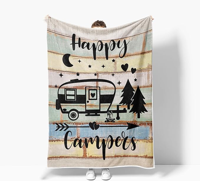 Camper Throw Blankets, Camping Gifts, Gifts for Camper, Gifts for Camping Lovers, Flannel Soft Warm Cozy Throws Cover for Couch Chair Sofa Bed Outdoor Inside Beach Travel Decor, 60X80