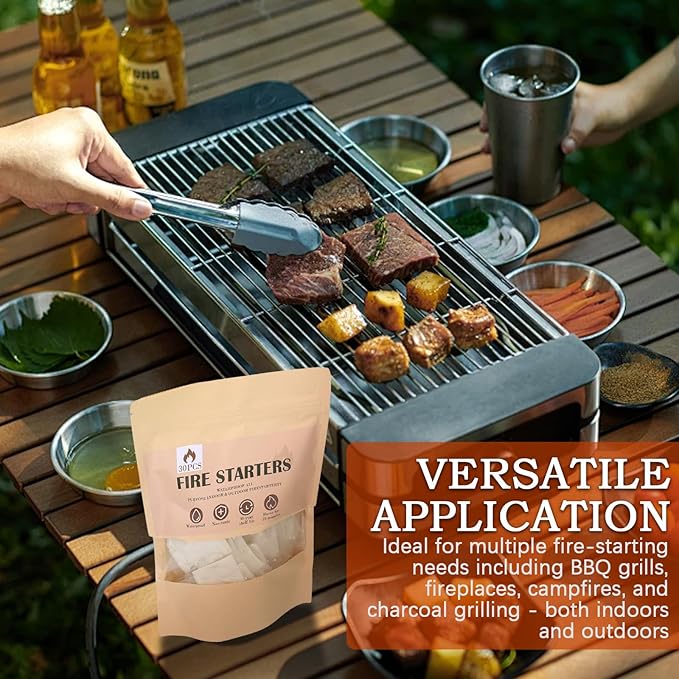 (30 Pcs/Bag) Waterproof Fire Starters for Campfires & Fireplace -Quick Light Charcoal Starter Squares, Odorless Fire Starter for Wood Stove, Grill, BBQ & Non-Toxic - Burns 10 Min
