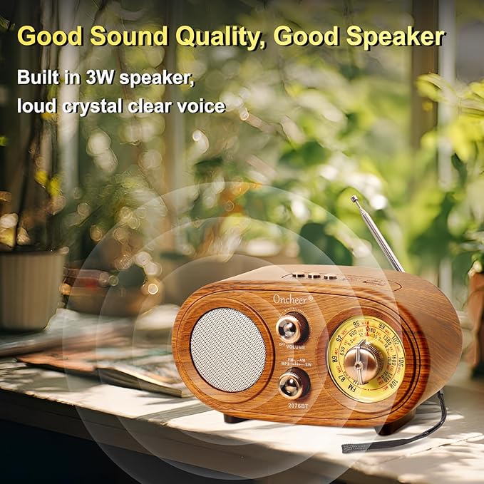Oncheer Portable Retro Vintage Bluetooth Speaker Radio, FM/AM/SW 3 Band, Adjustable Antenna, Battery Powered, Support TF Card, USB Playing Music, Home Decor Gifts for Friends Family -Brown Color