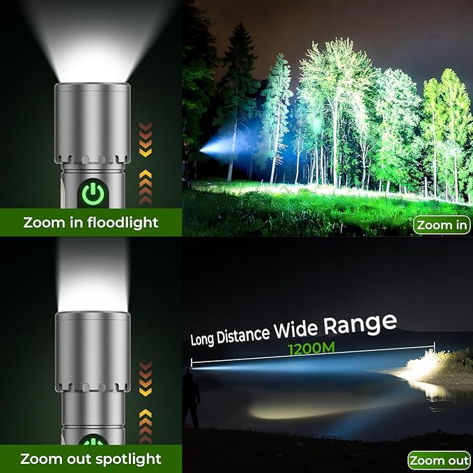 ADDplus Magnetic Flashlight Rechargeable,2000LM 5000mAh Flashlights High Lumens with 18 Modes,Waterproof, Adjustable,Powerful Flash Light,Multi-Flashlights for Home,Car,Hiking,Camping (1, Silver)