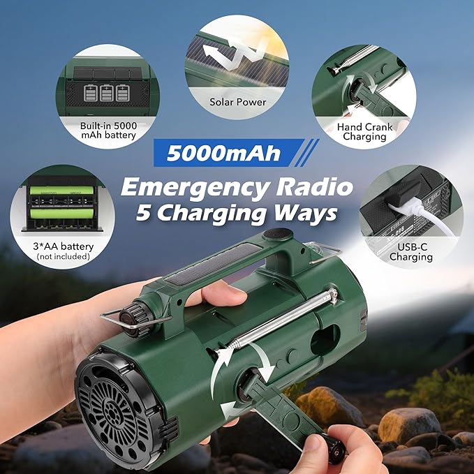 Emergency NOAA Weather Alert Radio FM/AM/SW, Hand Crank Radio Solar Powered with Battery Drawer, USB-C, Flashlight, SOS Alarm, Sleep Timer Clock Alarm for Home/Outdoor Emergencies