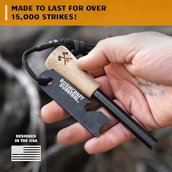 Bushcraft Survival Ferro Rod Fire Starter Kit & Backpacking Multitool | Flint and Steel Striker | Waterproof Magnesium Farrow Rod Tool & Firestarter for Campfires