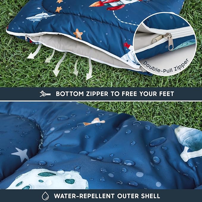 Wake In Cloud - Kids Sleeping Bag for Boys Toddlers, Camping in Warm Cold Weather, Backpacking Lightweight Compact Outdoor Liner for 3 Seasons Summer Spring Fall, Space Rocket Blue