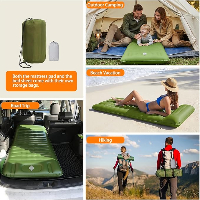 Camping Sleeping Pad, Extra Thick 5.1 Inch Self Inflating Camping Pads with Ultralight Sleeping Bag Liner, Camping Mat with Pillow & Foot Pump for Outdoor Hiking, Backpacking, Travel (Green)