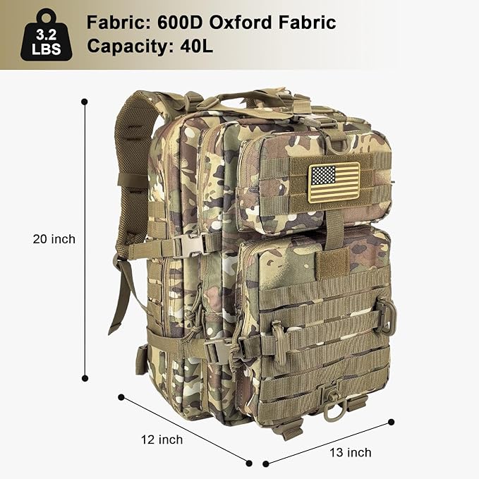 Hannibal Tactical MOLLE Assault Backpack, Tactical Backpack Military Army Camping Rucksack, 3-Day Pack Trip w/USA Flag Patch, D-Rings, Cp