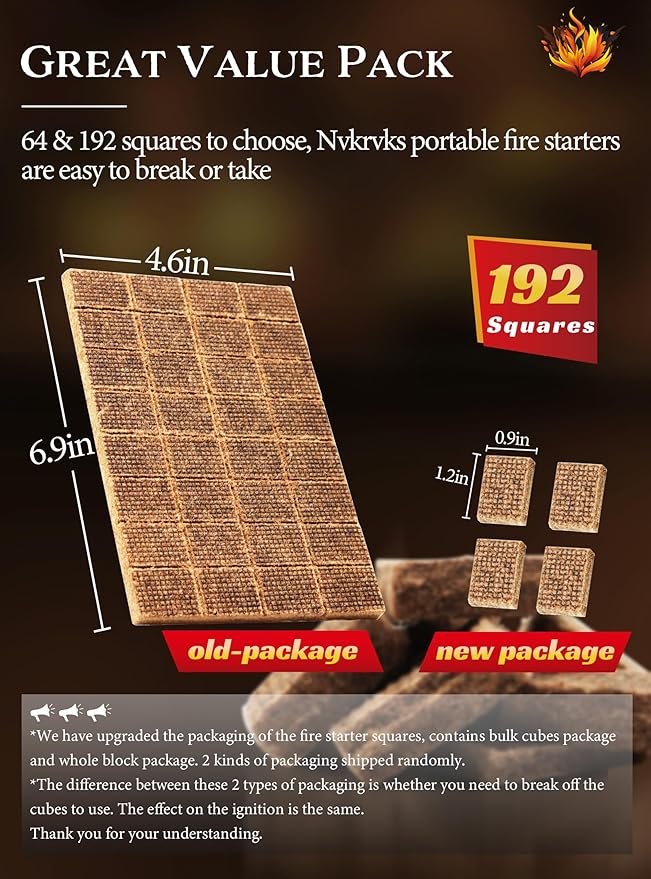 Nvkrvks Fire Starter Squares 192, Natural & Odourless FireStarters Cubes for Campfire, Fireplace, Chimney and Barbecue, Water Resistant, Easy to Ignite, Safe Camping Accessories