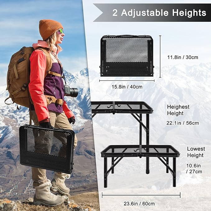 jkwokback Grill Table Camping Table Portable Folding Table,Height Adjustable Collapsible with Mesh Desktop,Lightweight Metal Table for Camp, BBQ, Picnic, RV, Outdoor Cooking, Travel