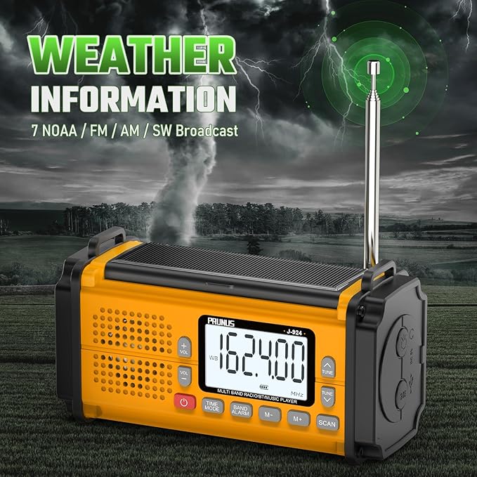 PRUNUS J-924 10000mAh/37000mWh Hand Crank Radio, AAA Batteries Powered Emergency Radio Solar, NOAA Weather Radio AM/FM/SW, USB Charging, Torch& Reading Light, SOS Alarm, Power Bank