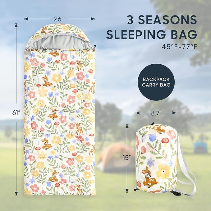 Wake In Cloud - Kids Sleeping Bag for Girls Toddlers, Camping in Warm Cold Weather, Backpacking Lightweight Compact Outdoor Liner for 3 Seasons, Deer Floral Garden