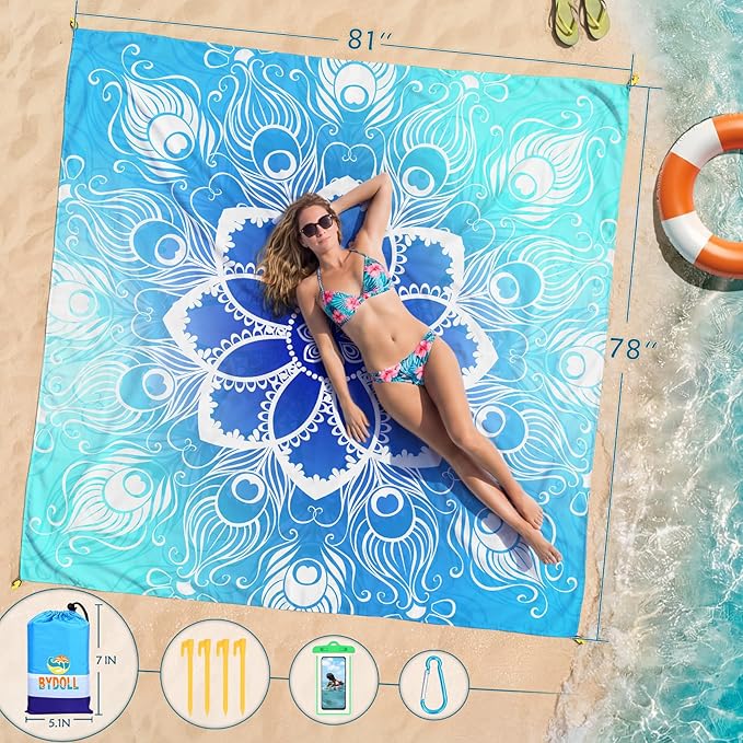BYDOLL Beach Blanket Waterproof Sandproof Large Sand Free, 78''X81'' Oversized Sandless Lightweight Blanket Picnic Mat for Beach Travel Camping Hiking with Stakes