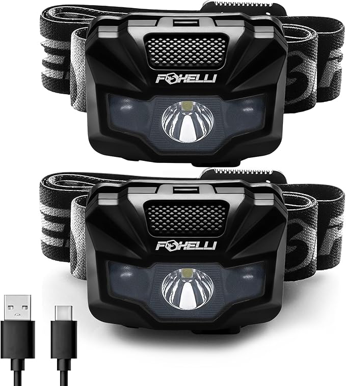 Foxelli USB‑C Rechargeable LED Headlamp – Ultra‑Light 2.4 oz & Bright 180 Lumens – Red/White Light, 5 Modes, IPX5 Waterproof, 40 h Runtime for Trail Running, Camping, Hiking