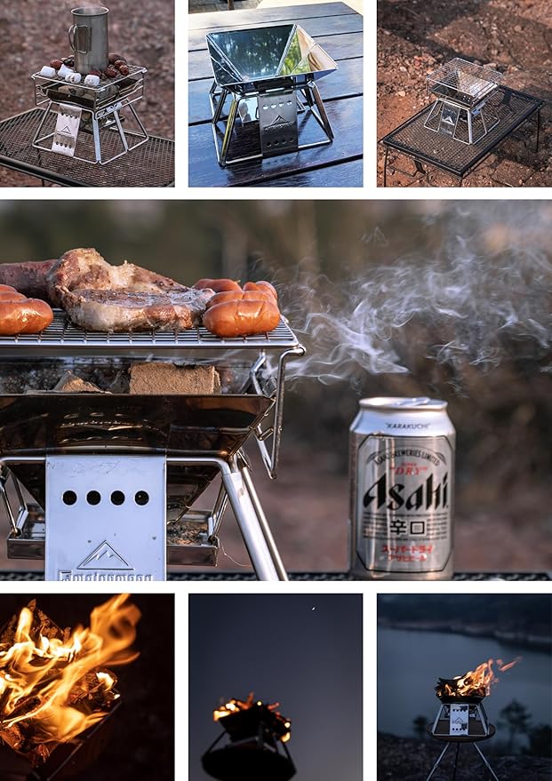 CAMPINGMOON X-MINI Small Size Portable Fire Pit, Mini Stainless Steel Tabletop Fire Pit Charcoal Grills for Camping, Solo Outdoor Cooking, Hiking BBQ Backpacking, with Carry Bag 7.5 inch