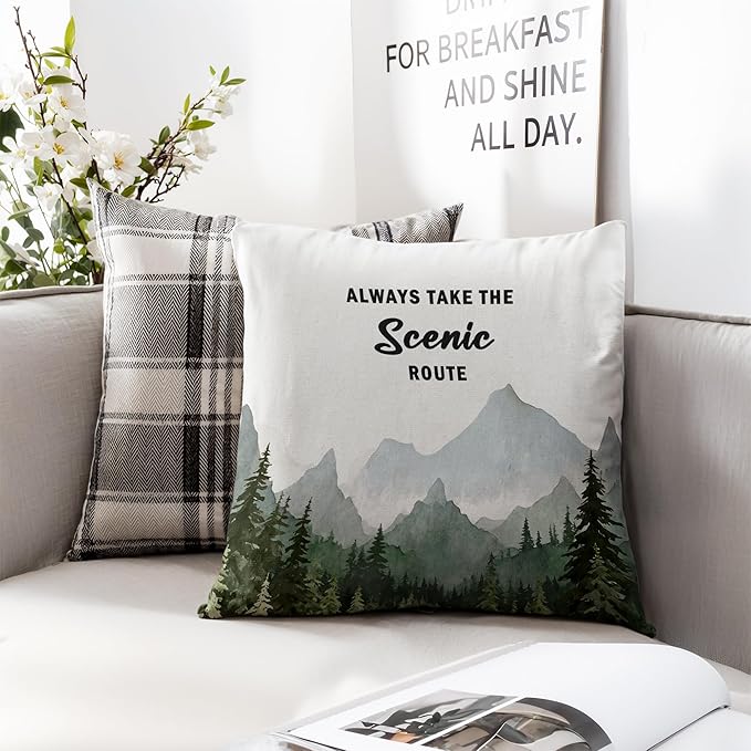 Camping Forest Scenic Mountain Nature Pillow Cover Case 18x18,Camper Lover Gifts,Always Take The Scenic Route Forest Green Camping Pillow Cover Decorative for Home Decor,Rv Pillows Cover,A244