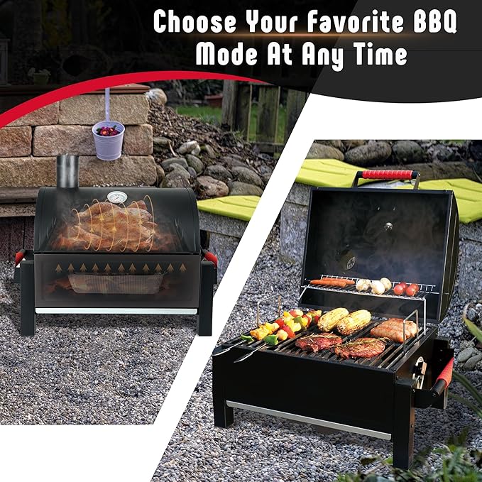 Feasto Portable Charcoal BBQ Grills with Cast Iron Grates, Tabletop Charcoal Grills with 354 Sq. In Cooking Area, for Outdoor Camping and Picnic, Black, L26.8’’x W20’’x H21.3’’