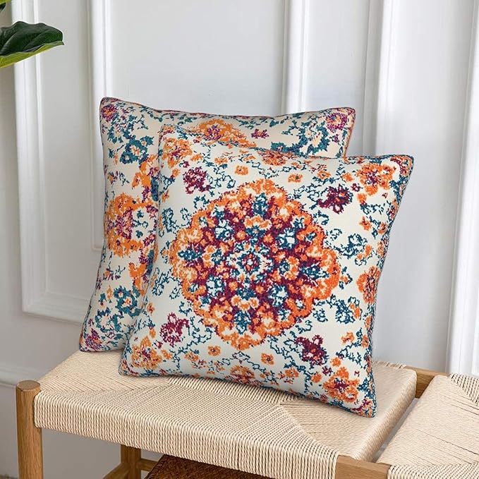 Vintage Bohemian Carpet Pattern Pillow Covers 18x18 inch Set of 2 Orange Blue Ethnic Pillow Case Cushion Cover for Home Sofa Couch Living Room Car Decor