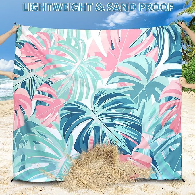 HIHOHO Beach Blanket Waterproof Sandproof Beach Mat for 1-8 Adults Quick Drying Durable Outdoor Picnic Mat for Beach Festival Travel Camping Hiking (Flamingoes-Palm, 79"×83"(4 Person))